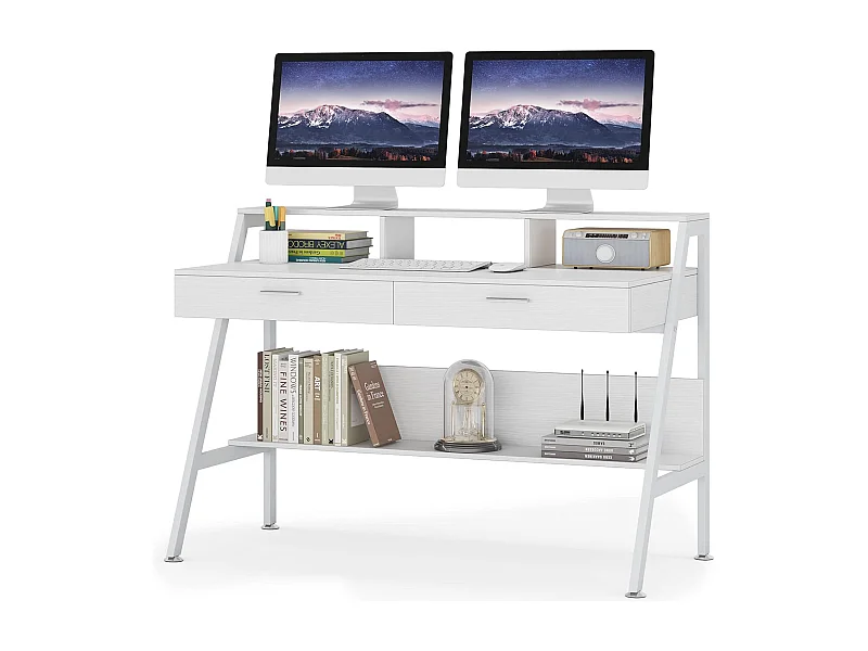 Bureau d'ordinateur avec étagère de rangement, tiroirs et support d'écran