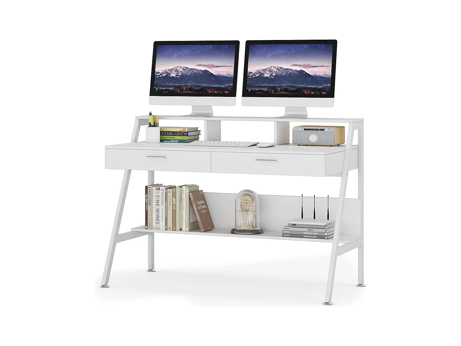 Bureau d'ordinateur avec étagère de rangement, tiroirs et support d'écran