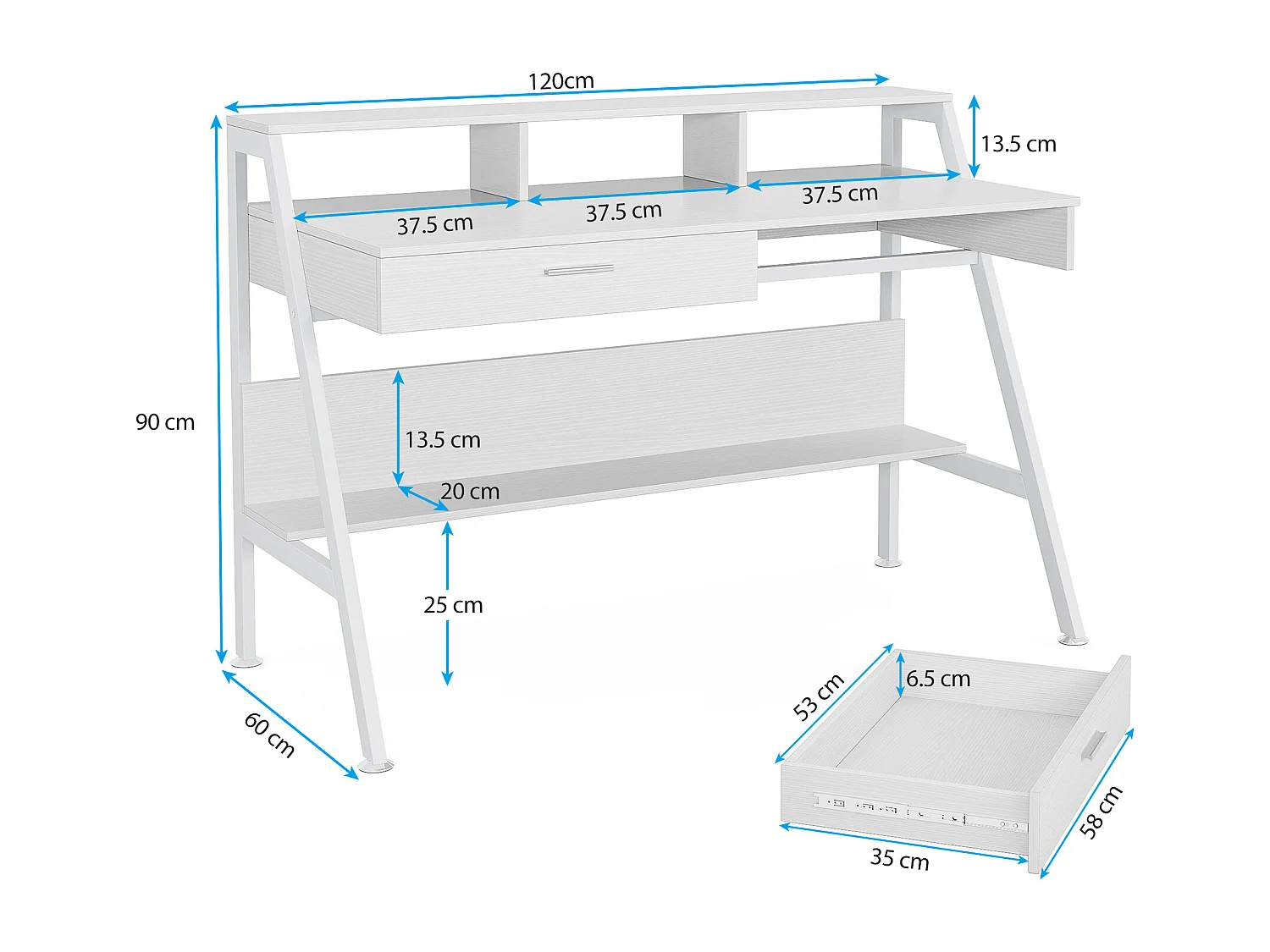 Bureau d'ordinateur avec étagère de rangement, tiroirs et support d'écran