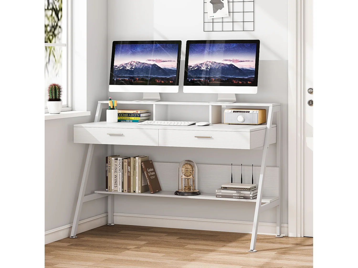 Bureau d'ordinateur avec étagère de rangement, tiroirs et support d'écran