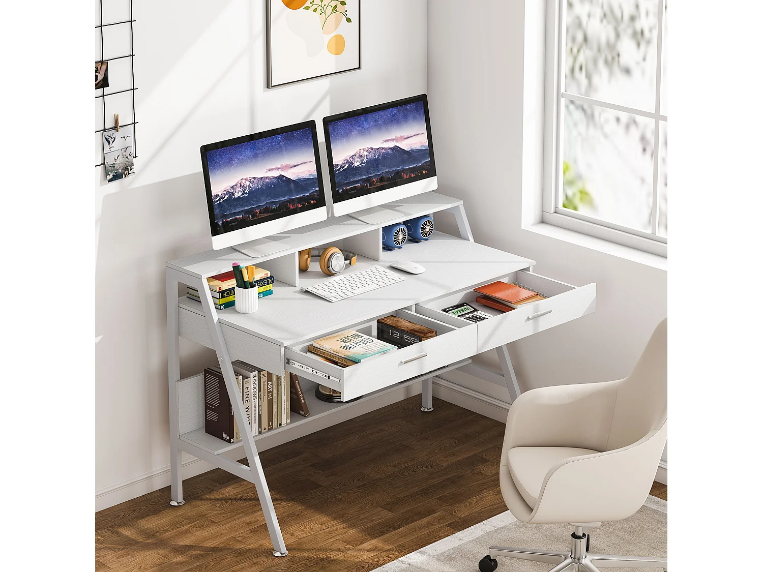 Bureau d'ordinateur avec étagère de rangement, tiroirs et support d'écran