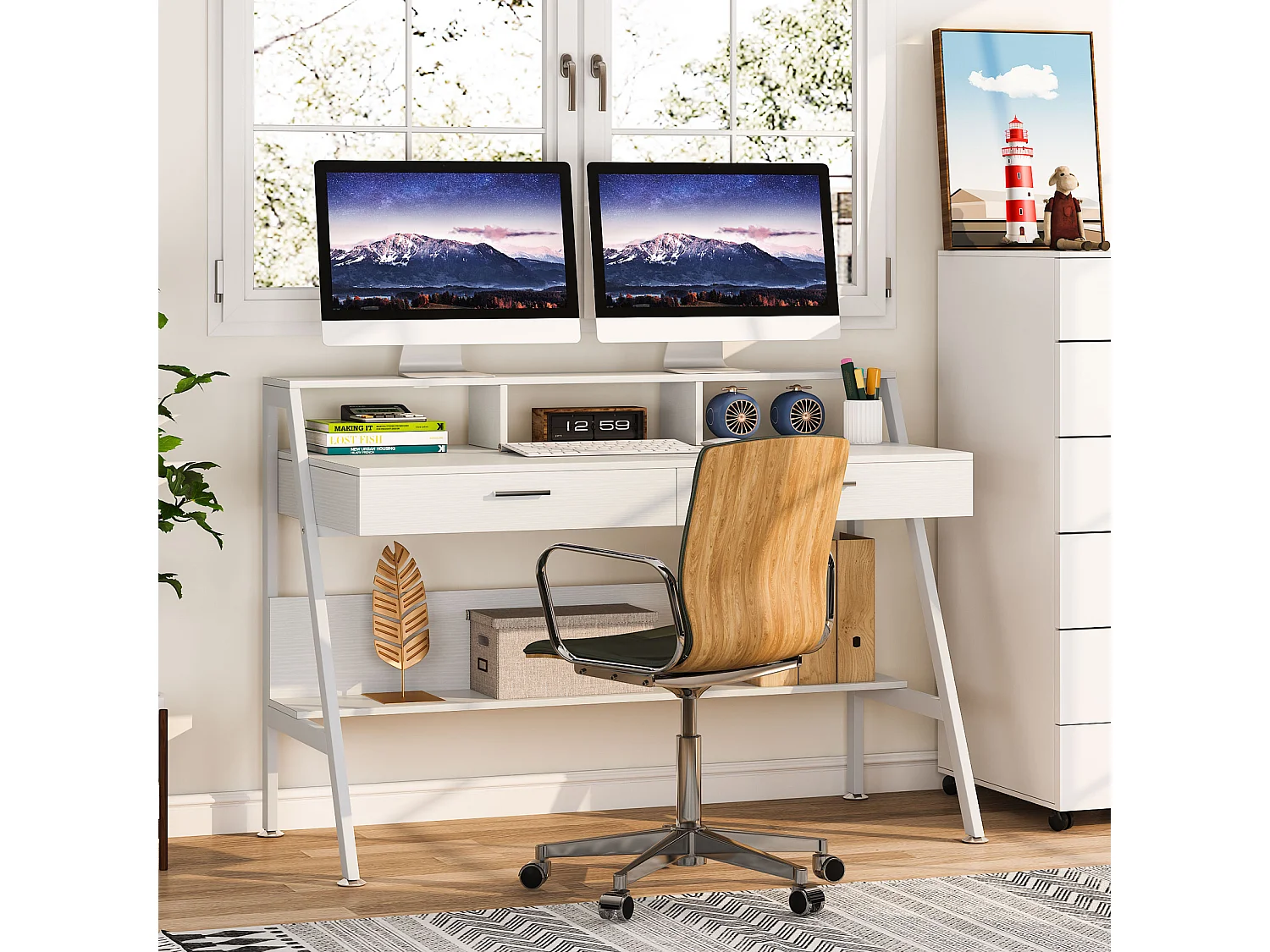 Bureau d'ordinateur avec étagère de rangement, tiroirs et support d'écran