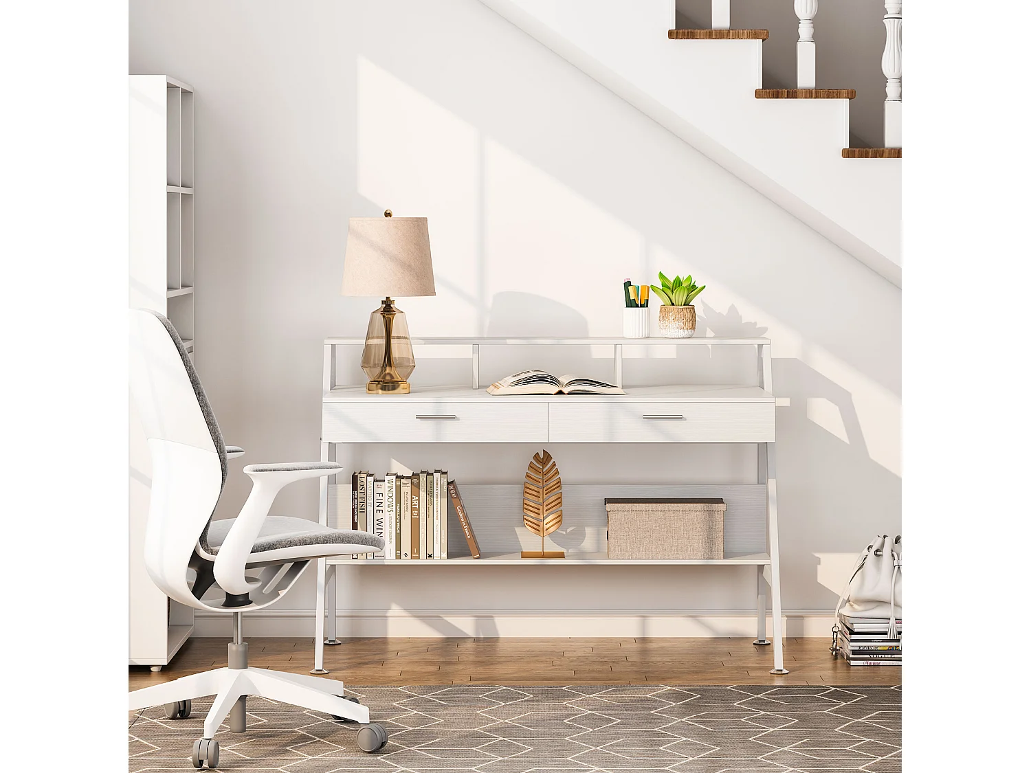 Bureau d'ordinateur avec étagère de rangement, tiroirs et support d'écran