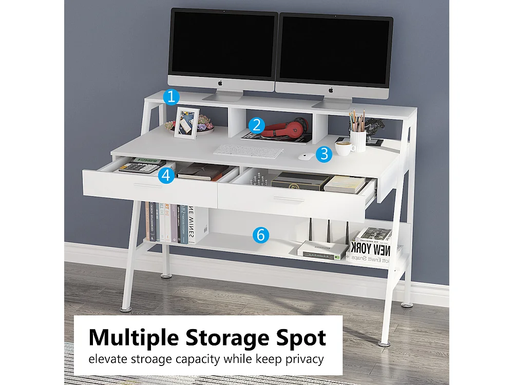 Bureau d'ordinateur avec étagère de rangement, tiroirs et support d'écran