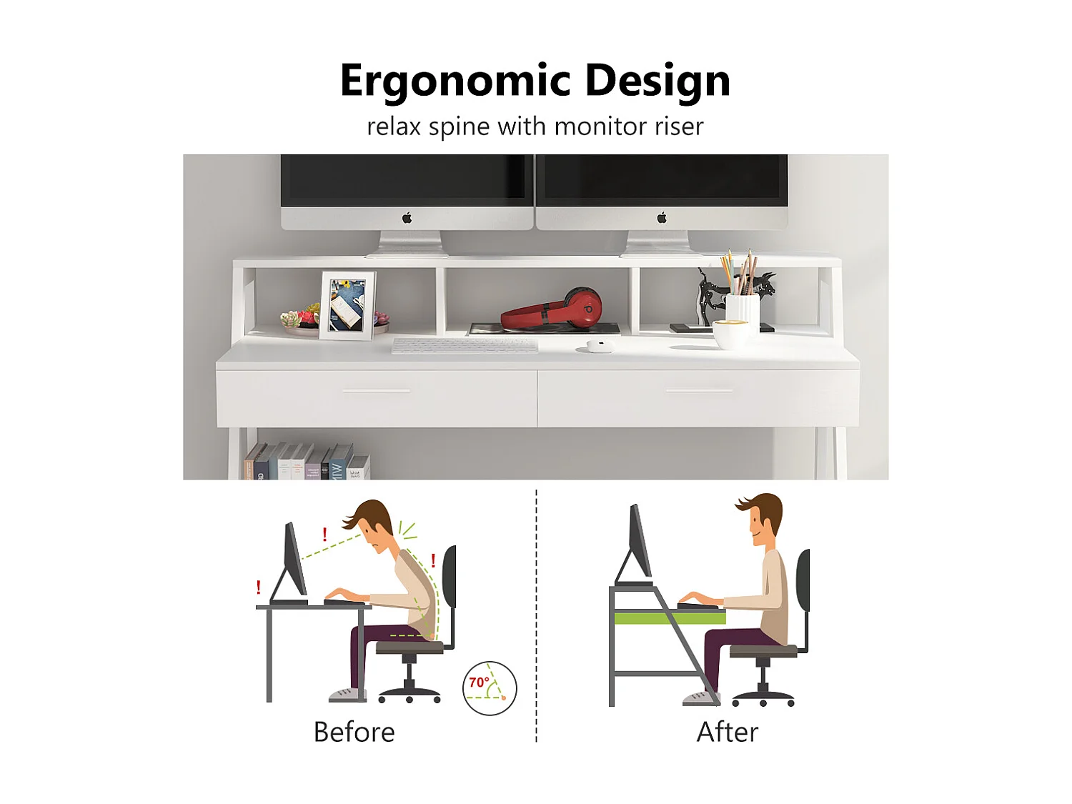 Bureau d'ordinateur avec étagère de rangement, tiroirs et support d'écran