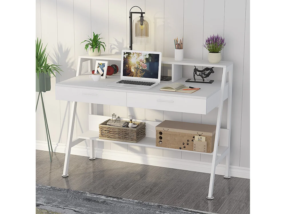 Bureau d'ordinateur avec étagère de rangement, tiroirs et support d'écran