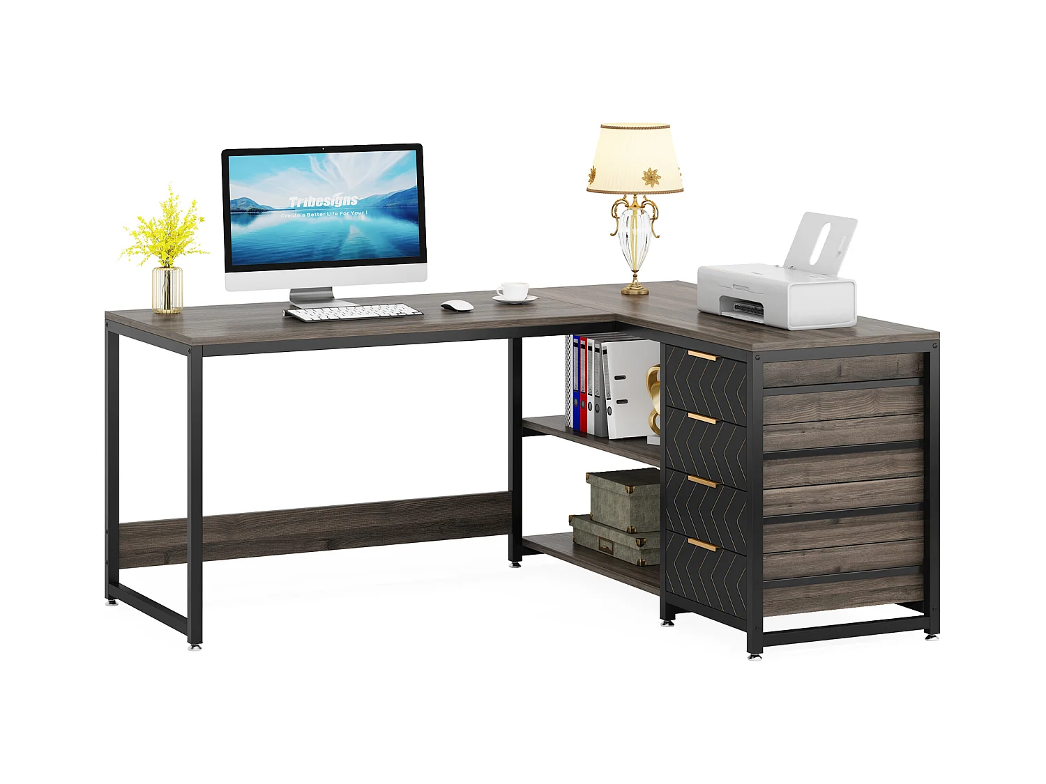 Bureau d'ordinateur en L avec tiroirs de rangement, bureau d'angle avec étagères, bureau réversible en L