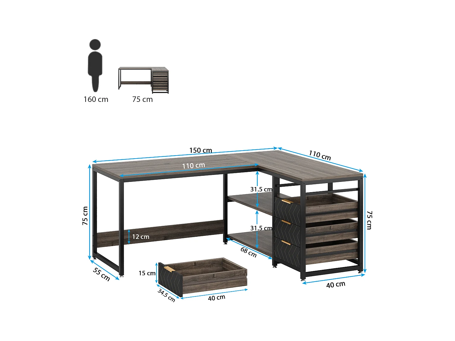 Bureau d'ordinateur en L avec tiroirs de rangement, bureau d'angle avec étagères, bureau réversible en L