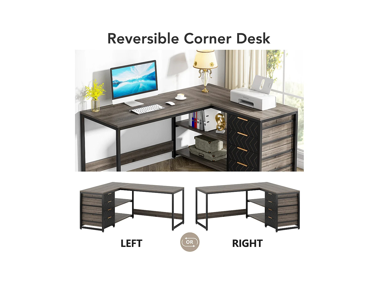 Bureau d'ordinateur en L avec tiroirs de rangement, bureau d'angle avec étagères, bureau réversible en L