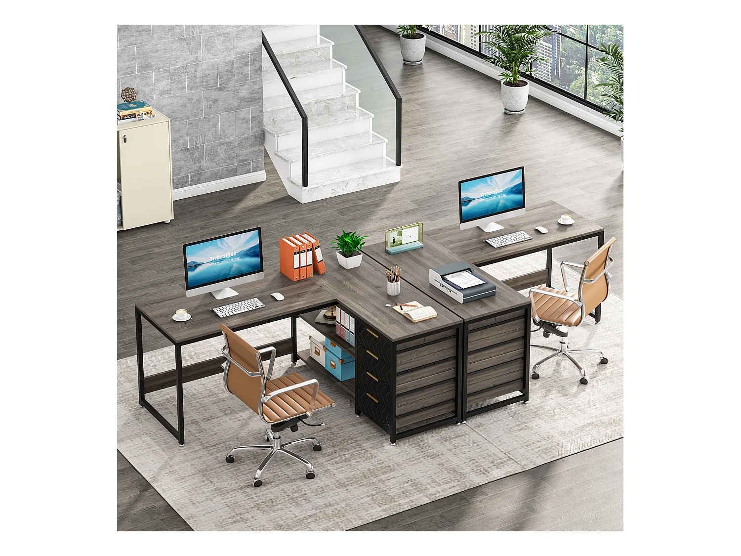 Bureau d'ordinateur en L avec tiroirs de rangement, bureau d'angle avec étagères, bureau réversible en L