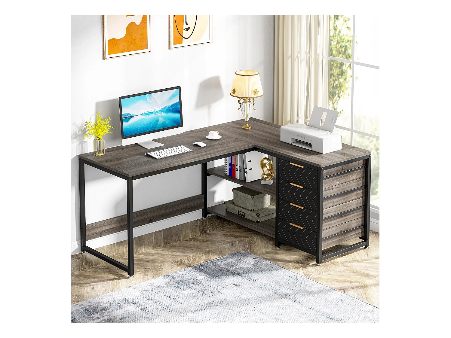 Bureau d'ordinateur en L avec tiroirs de rangement, bureau d'angle avec étagères, bureau réversible en L