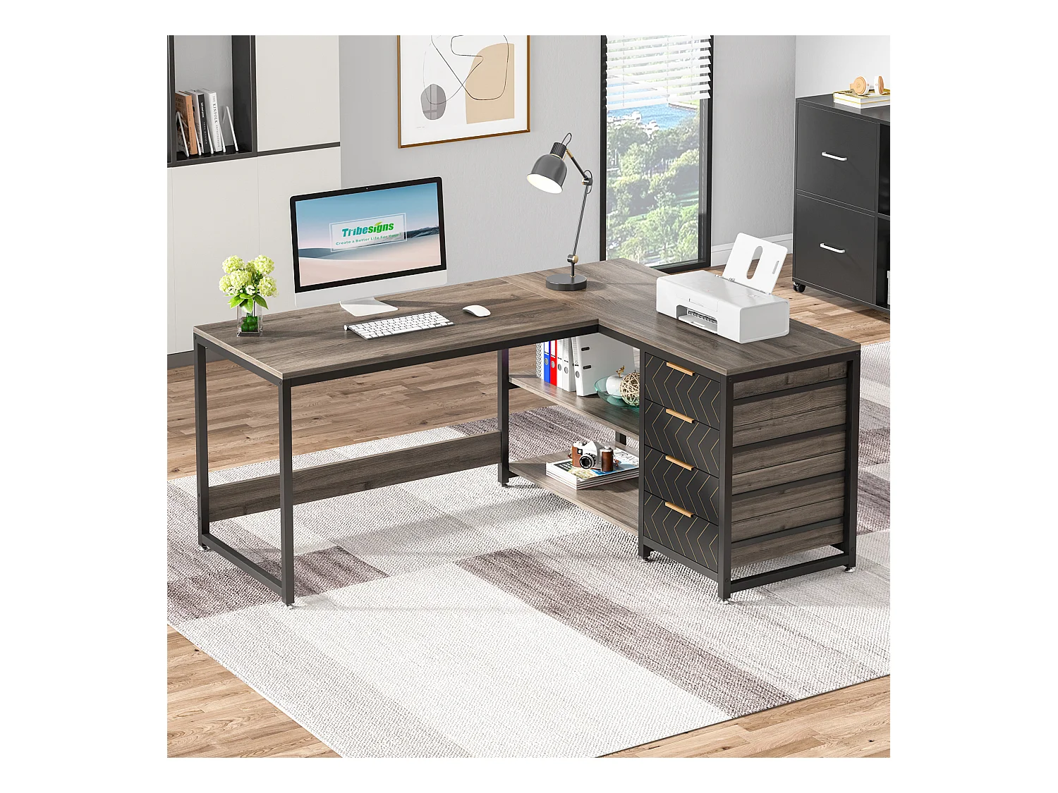 Bureau d'ordinateur en L avec tiroirs de rangement, bureau d'angle avec étagères, bureau réversible en L