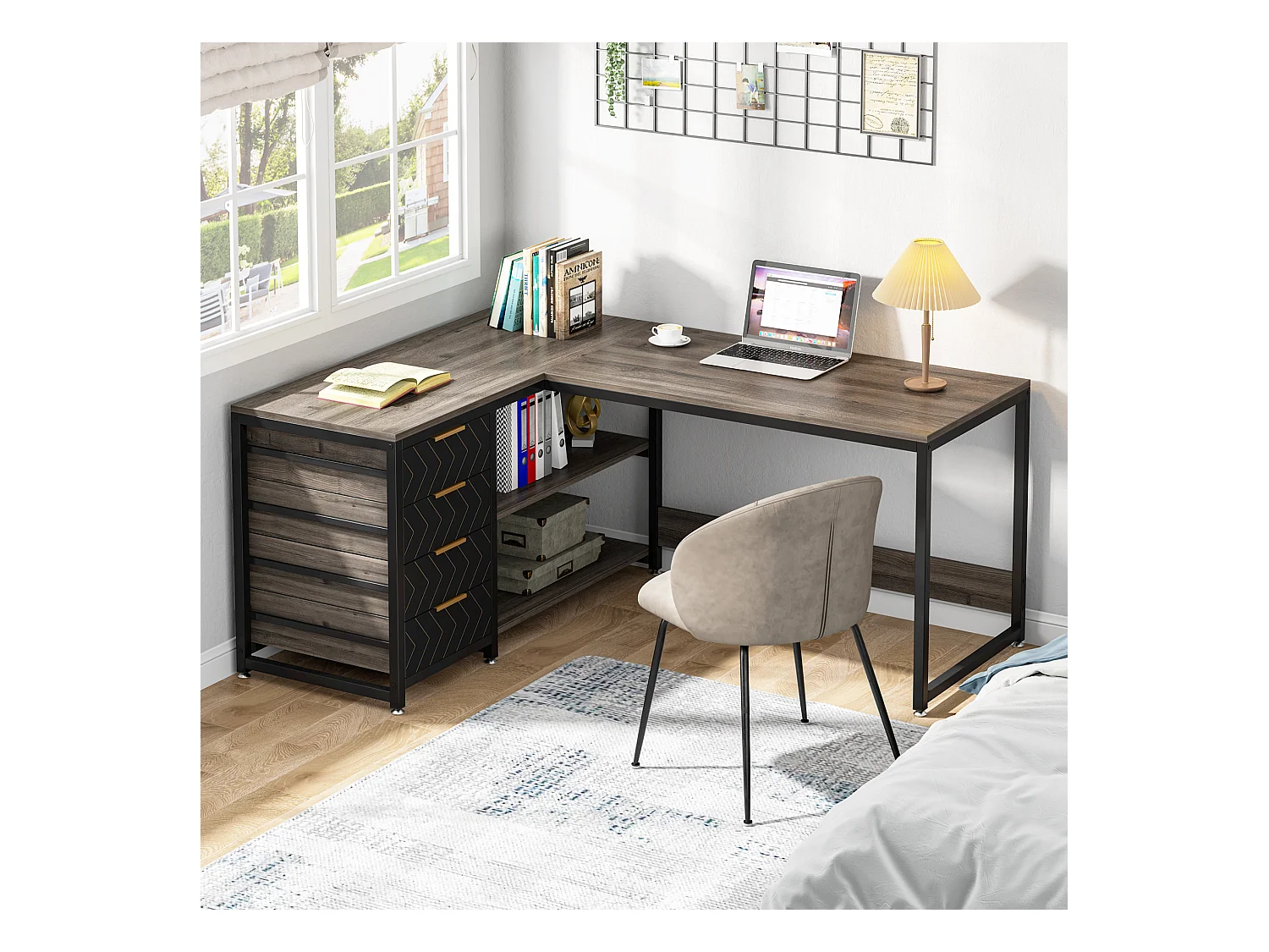 Bureau d'ordinateur en L avec tiroirs de rangement, bureau d'angle avec étagères, bureau réversible en L