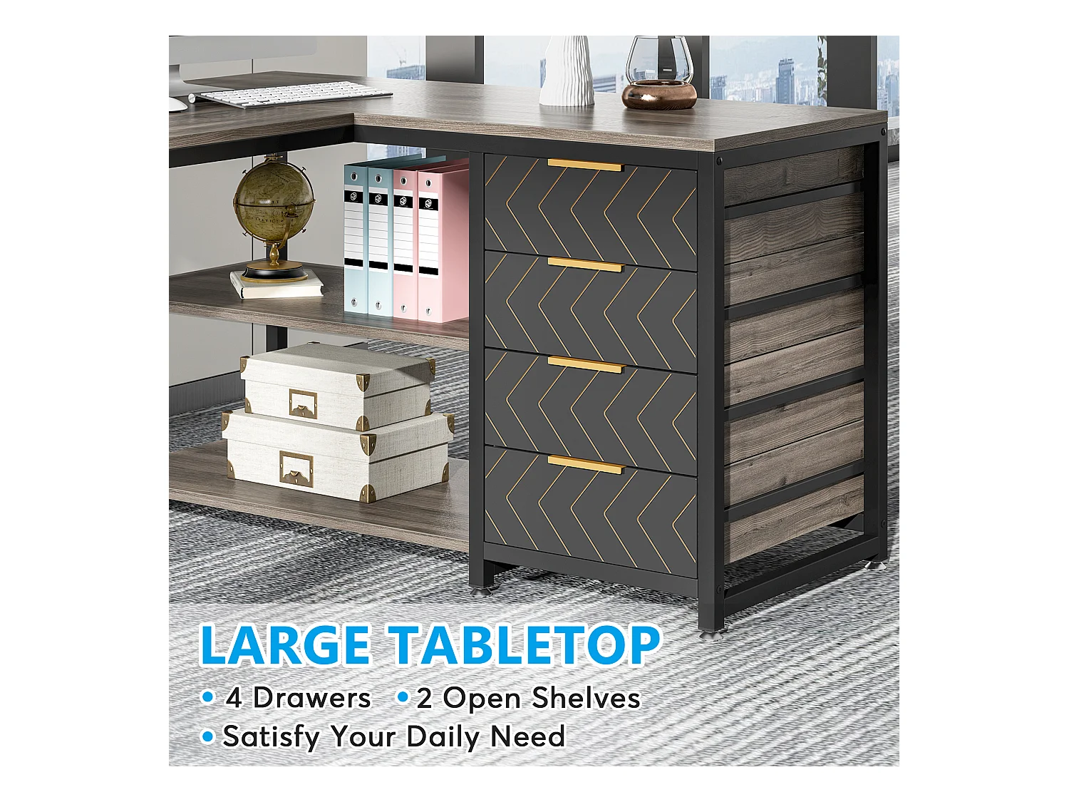 Bureau d'ordinateur en L avec tiroirs de rangement, bureau d'angle avec étagères, bureau réversible en L