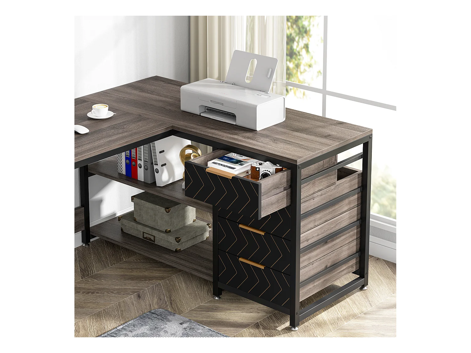 Bureau d'ordinateur en L avec tiroirs de rangement, bureau d'angle avec étagères, bureau réversible en L
