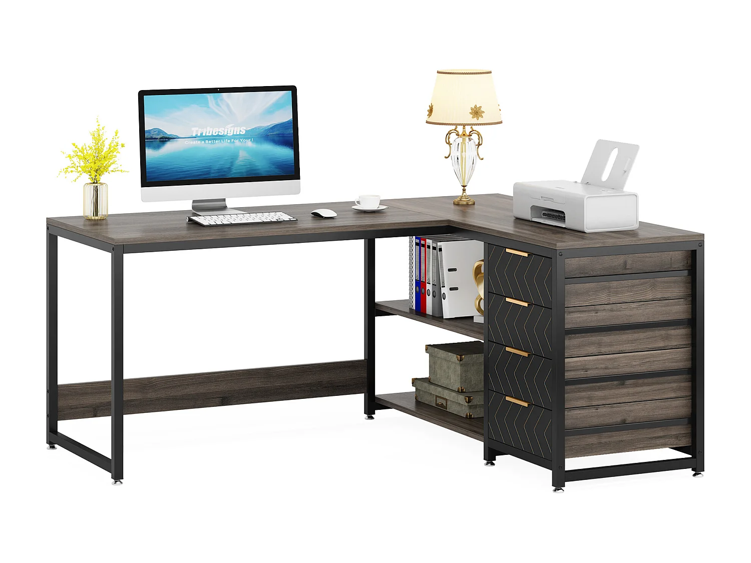 Scrivania per computer a L con cassetti portaoggetti, scrivania angolare con ripiani, scrivania da ufficio reversibile a L