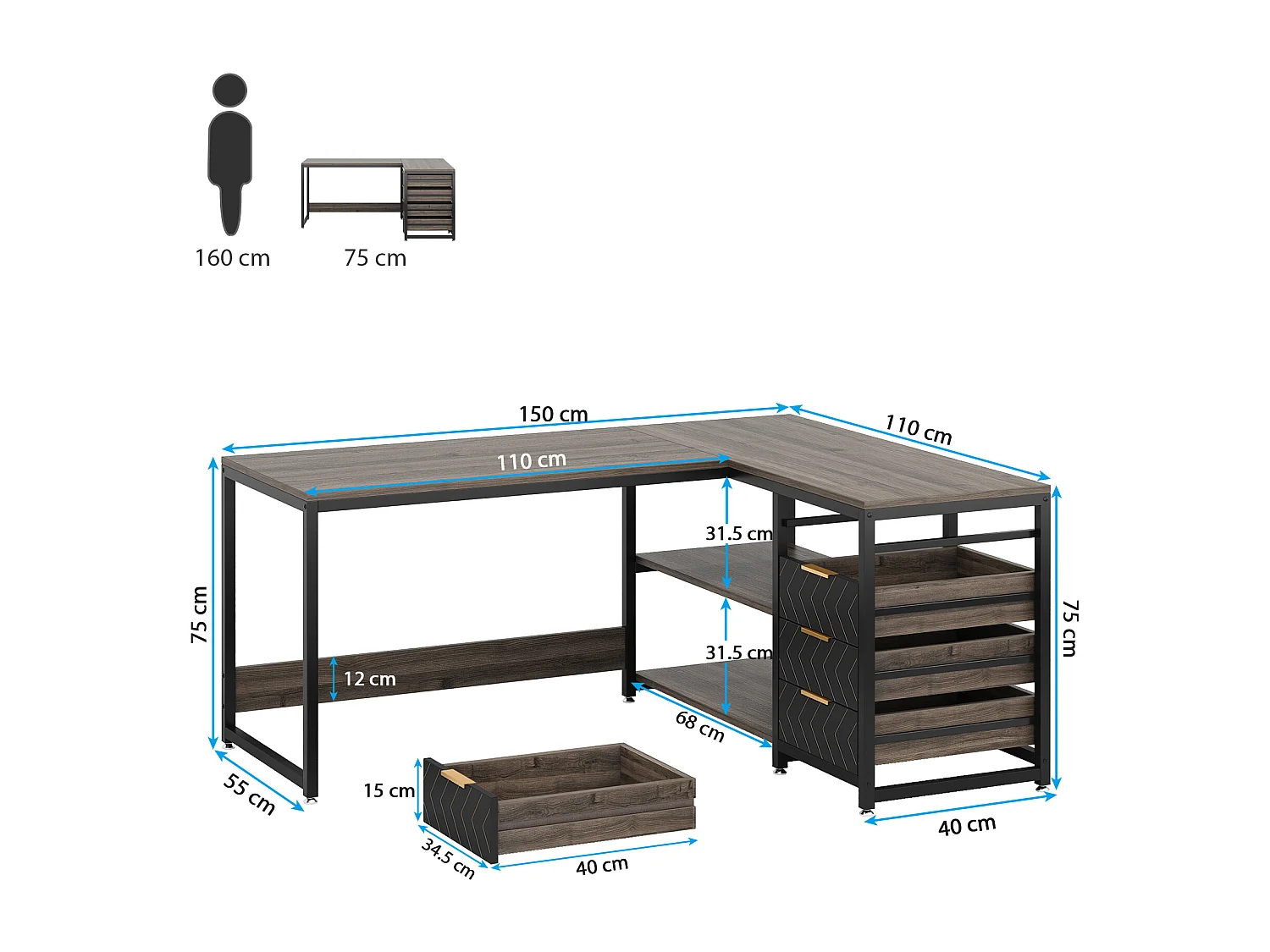 Scrivania per computer a L con cassetti portaoggetti, scrivania angolare con ripiani, scrivania da ufficio reversibile a L