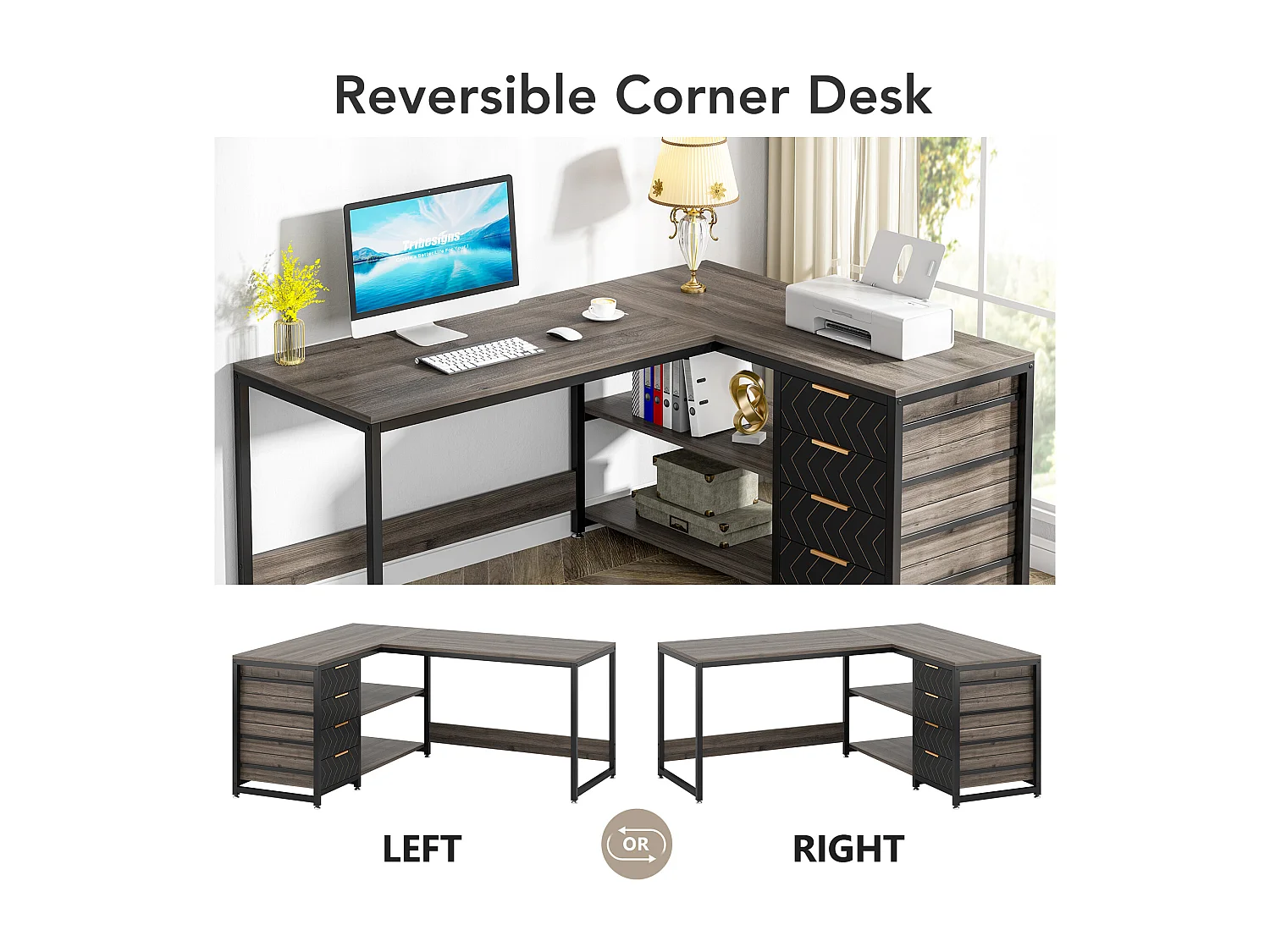 Scrivania per computer a L con cassetti portaoggetti, scrivania angolare con ripiani, scrivania da ufficio reversibile a L