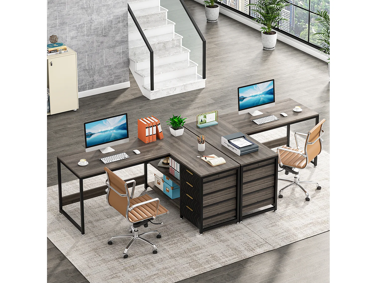 Scrivania per computer a L con cassetti portaoggetti, scrivania angolare con ripiani, scrivania da ufficio reversibile a L