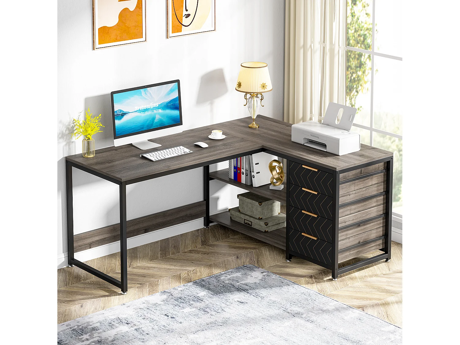 Scrivania per computer a L con cassetti portaoggetti, scrivania angolare con ripiani, scrivania da ufficio reversibile a L