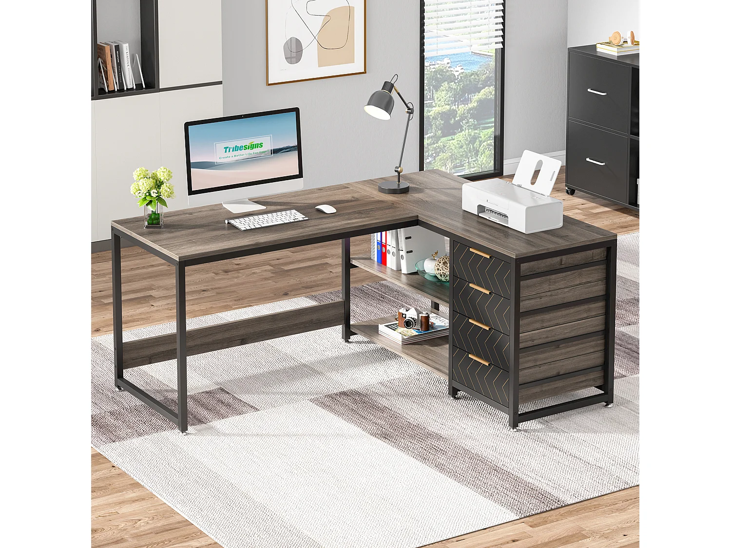 Scrivania per computer a L con cassetti portaoggetti, scrivania angolare con ripiani, scrivania da ufficio reversibile a L