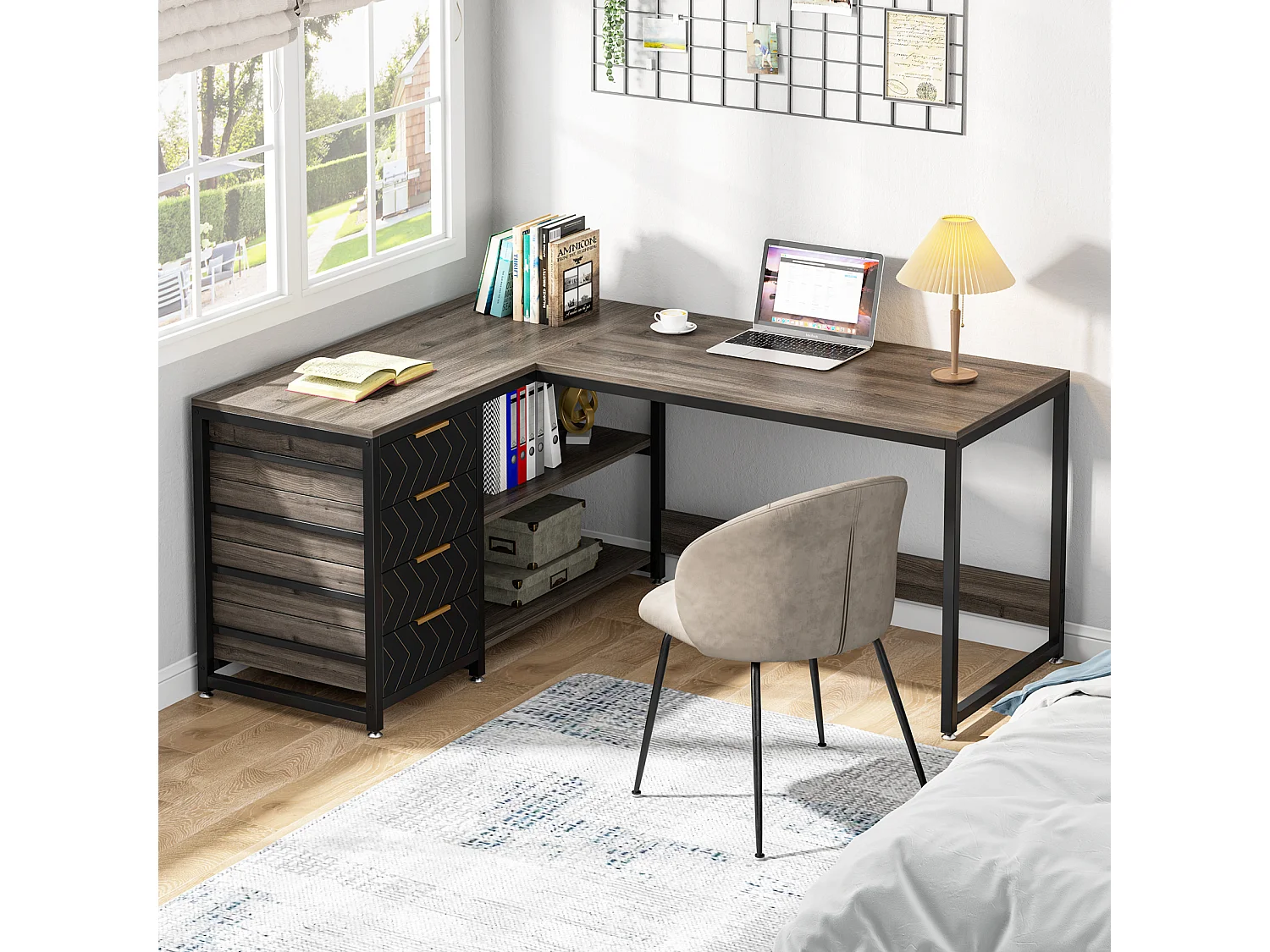 Scrivania per computer a L con cassetti portaoggetti, scrivania angolare con ripiani, scrivania da ufficio reversibile a L