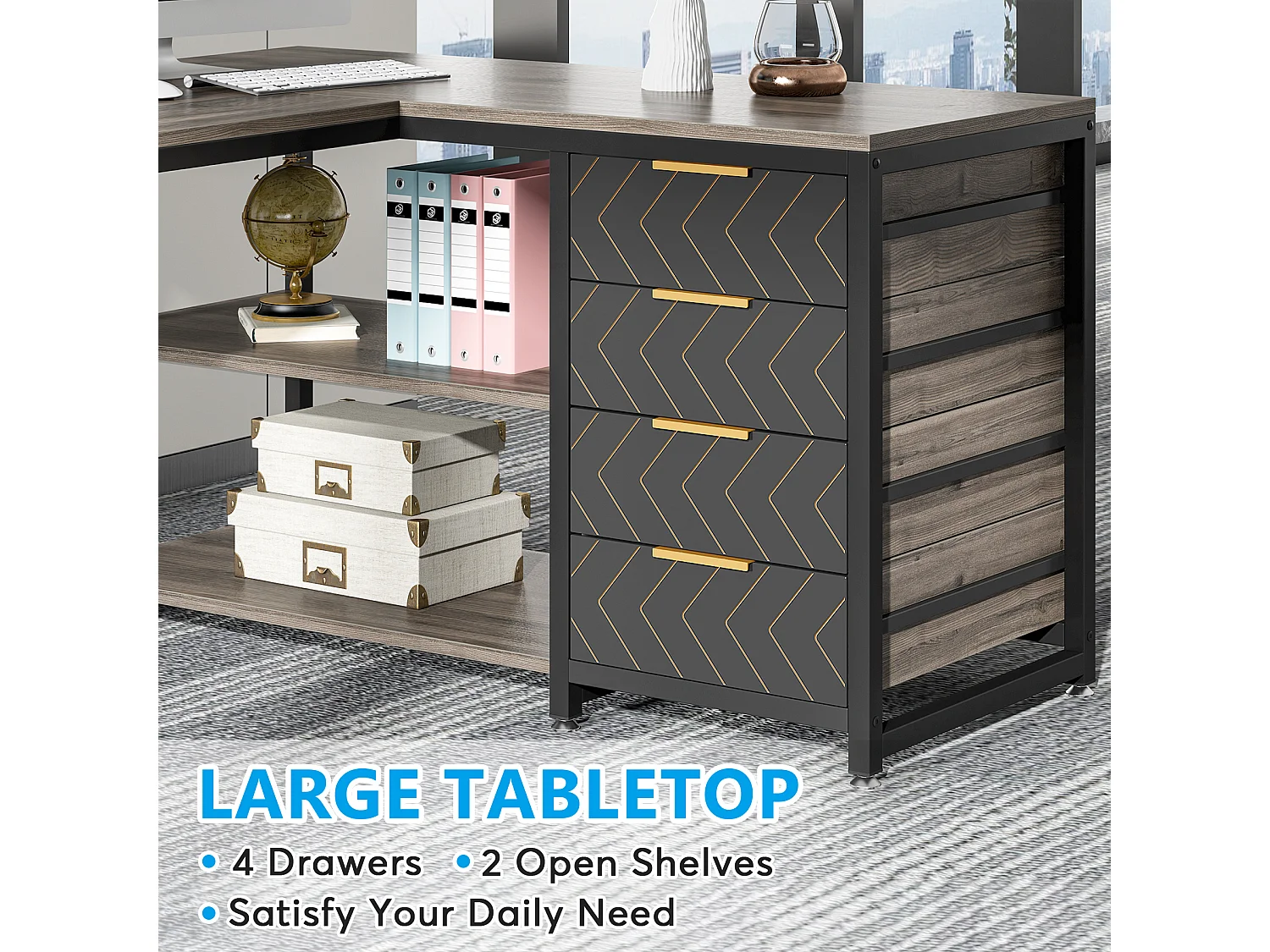 Scrivania per computer a L con cassetti portaoggetti, scrivania angolare con ripiani, scrivania da ufficio reversibile a L