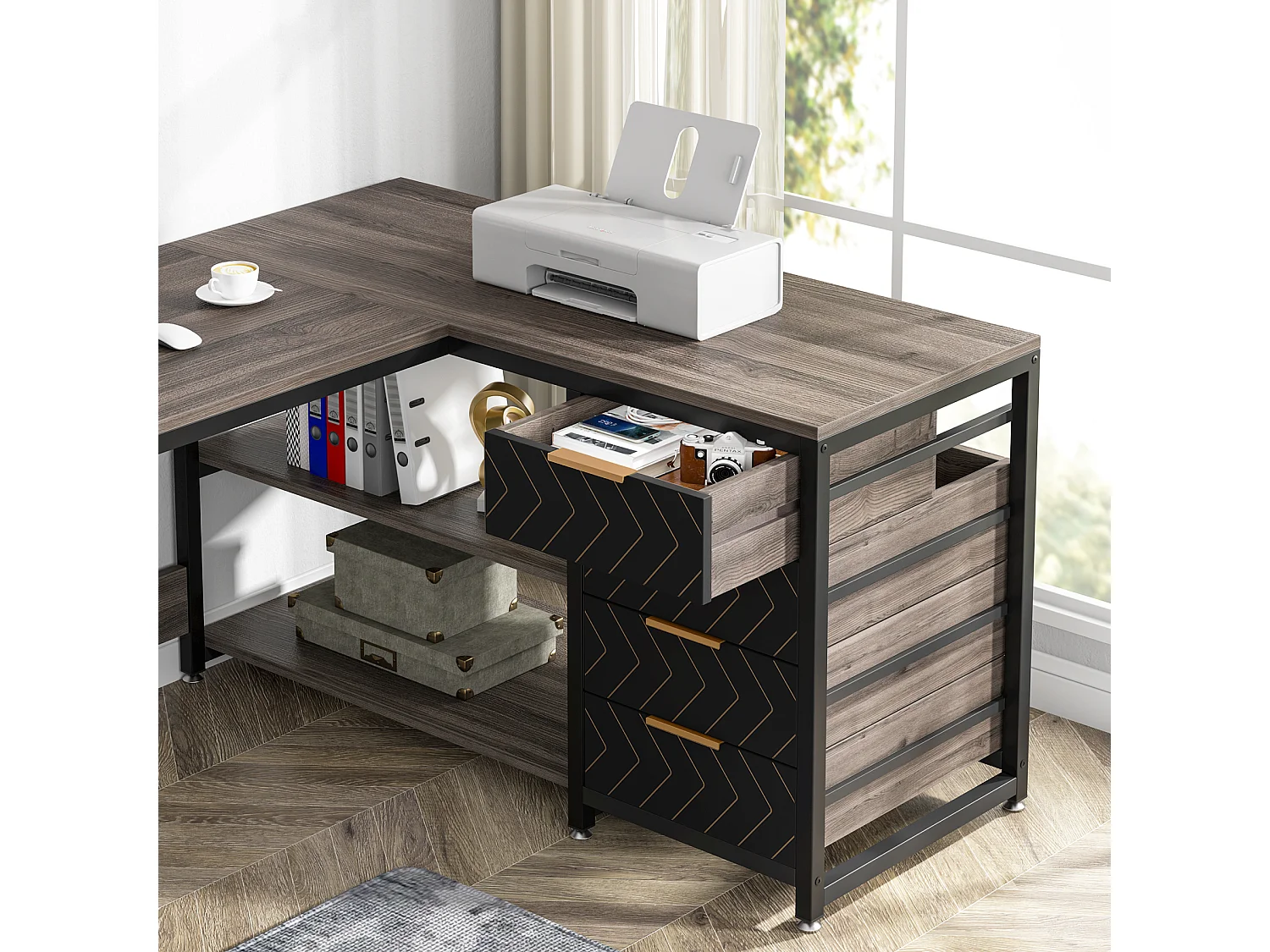 Scrivania per computer a L con cassetti portaoggetti, scrivania angolare con ripiani, scrivania da ufficio reversibile a L