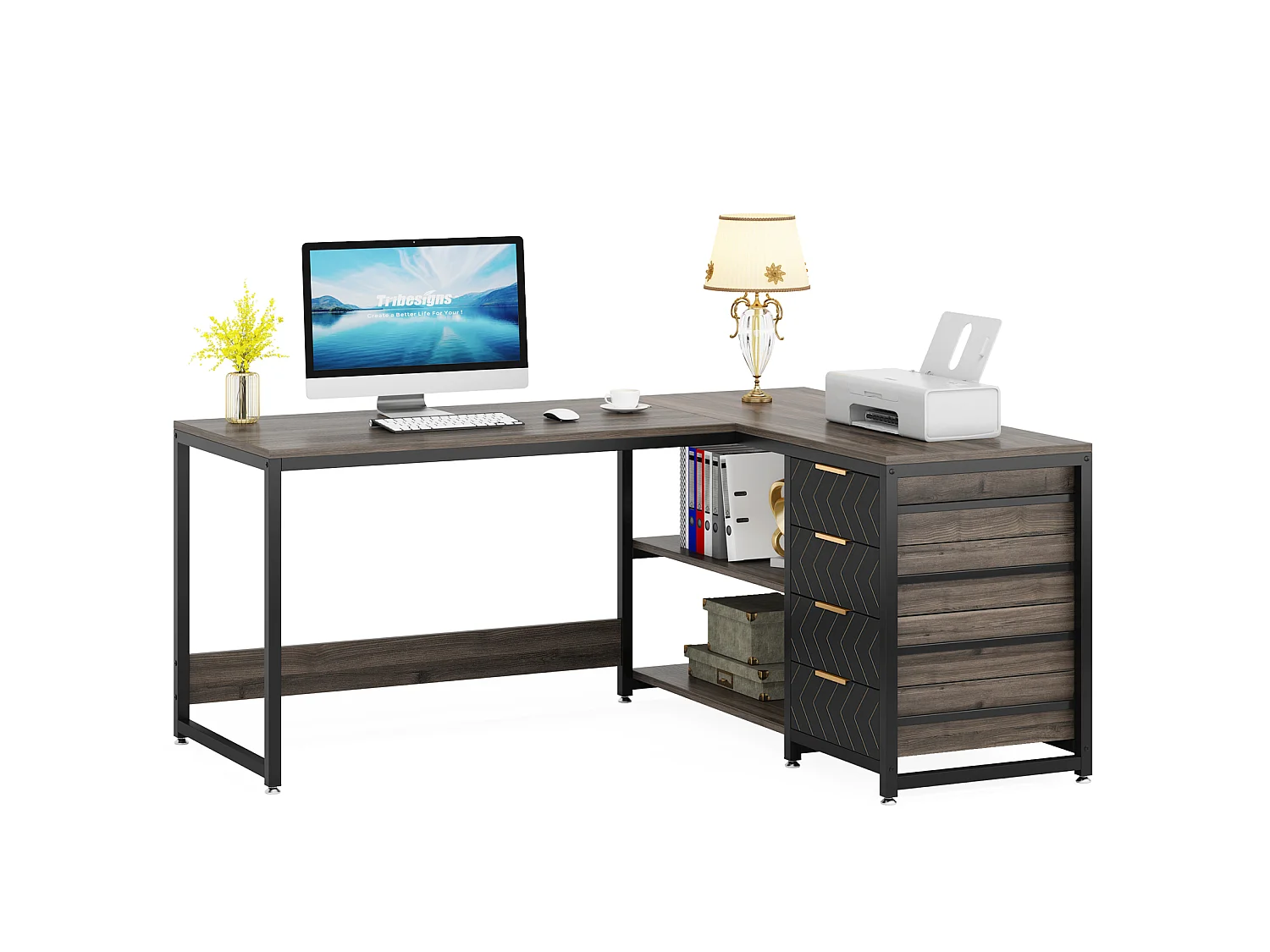Bureau d'ordinateur en L avec tiroirs de rangement, bureau d'angle avec étagères, bureau réversible en L