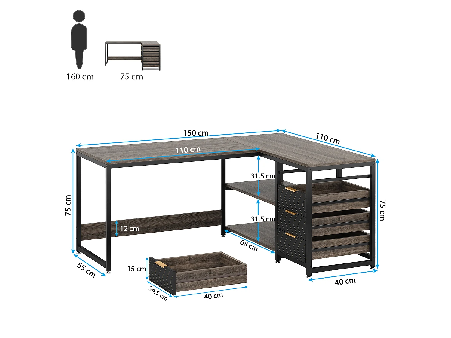 Bureau d'ordinateur en L avec tiroirs de rangement, bureau d'angle avec étagères, bureau réversible en L