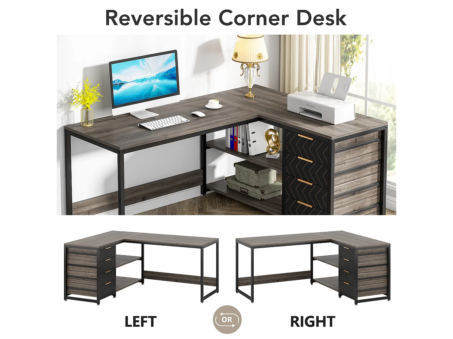 Bureau d'ordinateur en L avec tiroirs de rangement, bureau d'angle avec étagères, bureau réversible en L