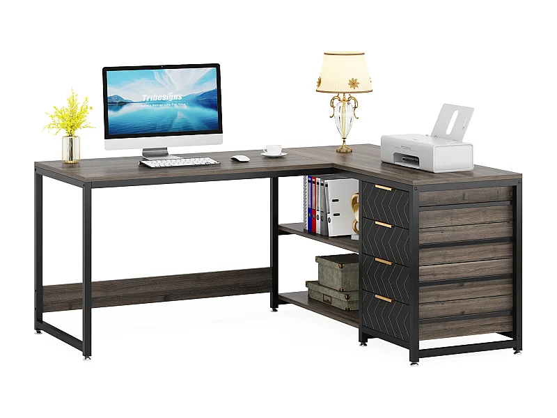 Bureau d'ordinateur en L avec tiroirs de rangement, bureau d'angle avec étagères, bureau réversible en L