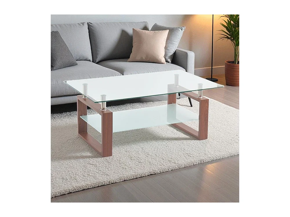 Tavolino da salotto Tally con doppio piano in vetro e gambe effetto legno noce