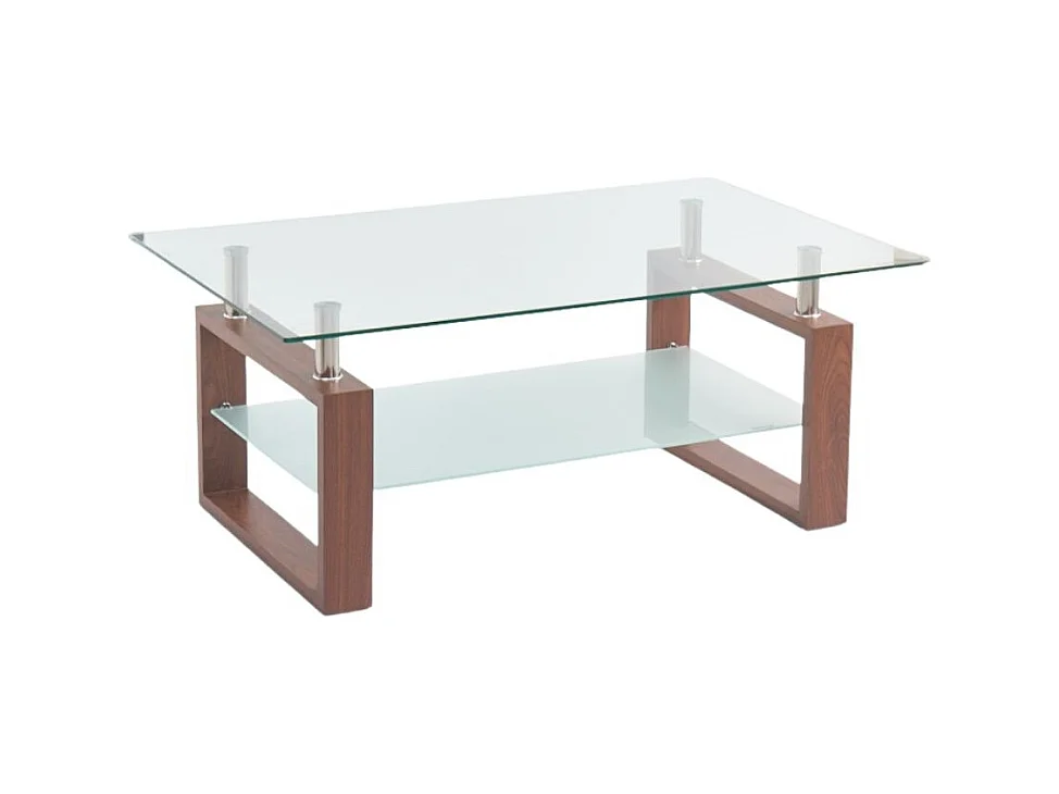 Tavolino da salotto Tally con doppio piano in vetro e gambe effetto legno noce