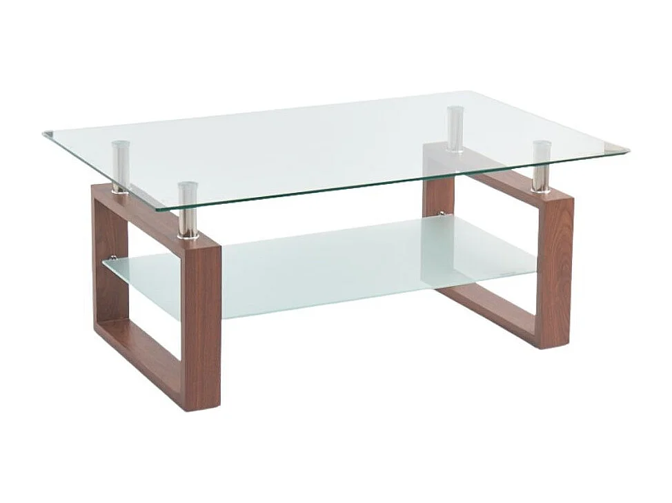 Tavolino da salotto Tally con doppio piano in vetro e gambe effetto legno noce