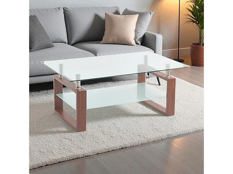 Tavolino da salotto Tally con doppio piano in vetro e gambe effetto legno noce