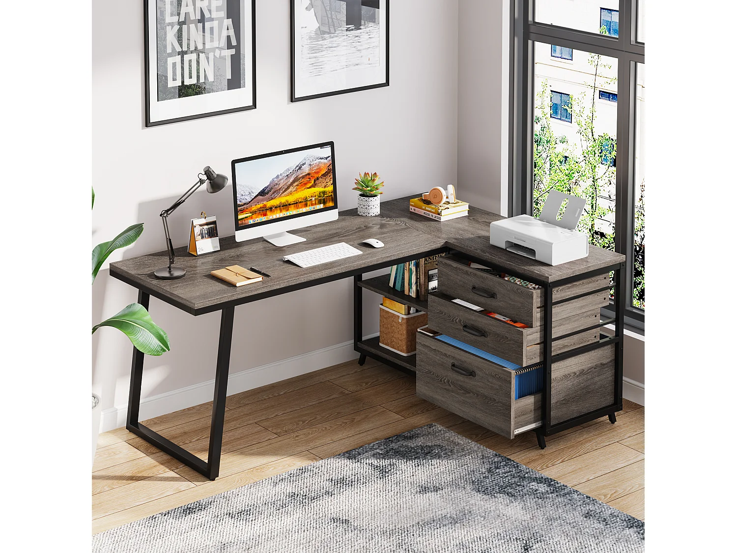 L-vormig bureau, omkeerbaar hoekbureau met 3 lades