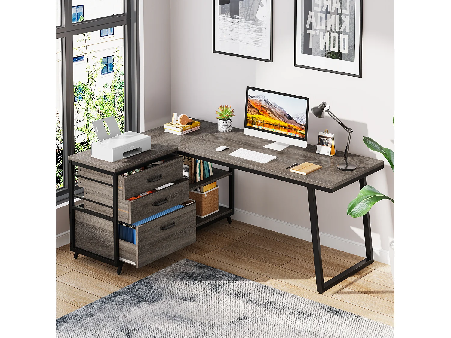 L-vormig bureau, omkeerbaar hoekbureau met 3 lades