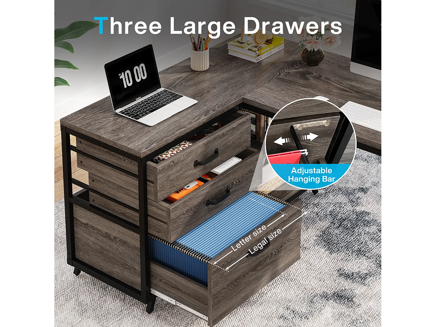 L-vormig bureau, omkeerbaar hoekbureau met 3 lades