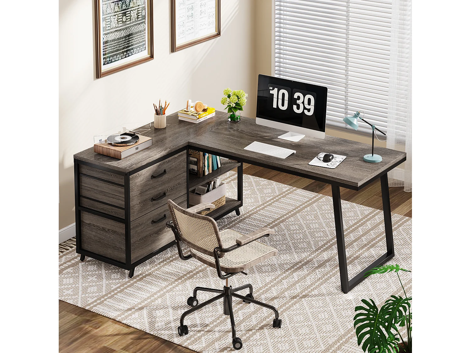 Bureau d'angle réversible en L avec 3 tiroirs classeurs