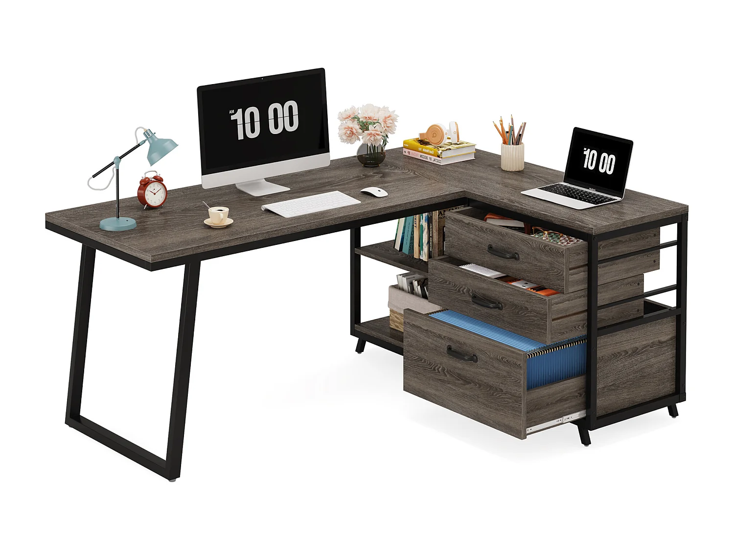 Bureau d'angle réversible en L avec 3 tiroirs classeurs