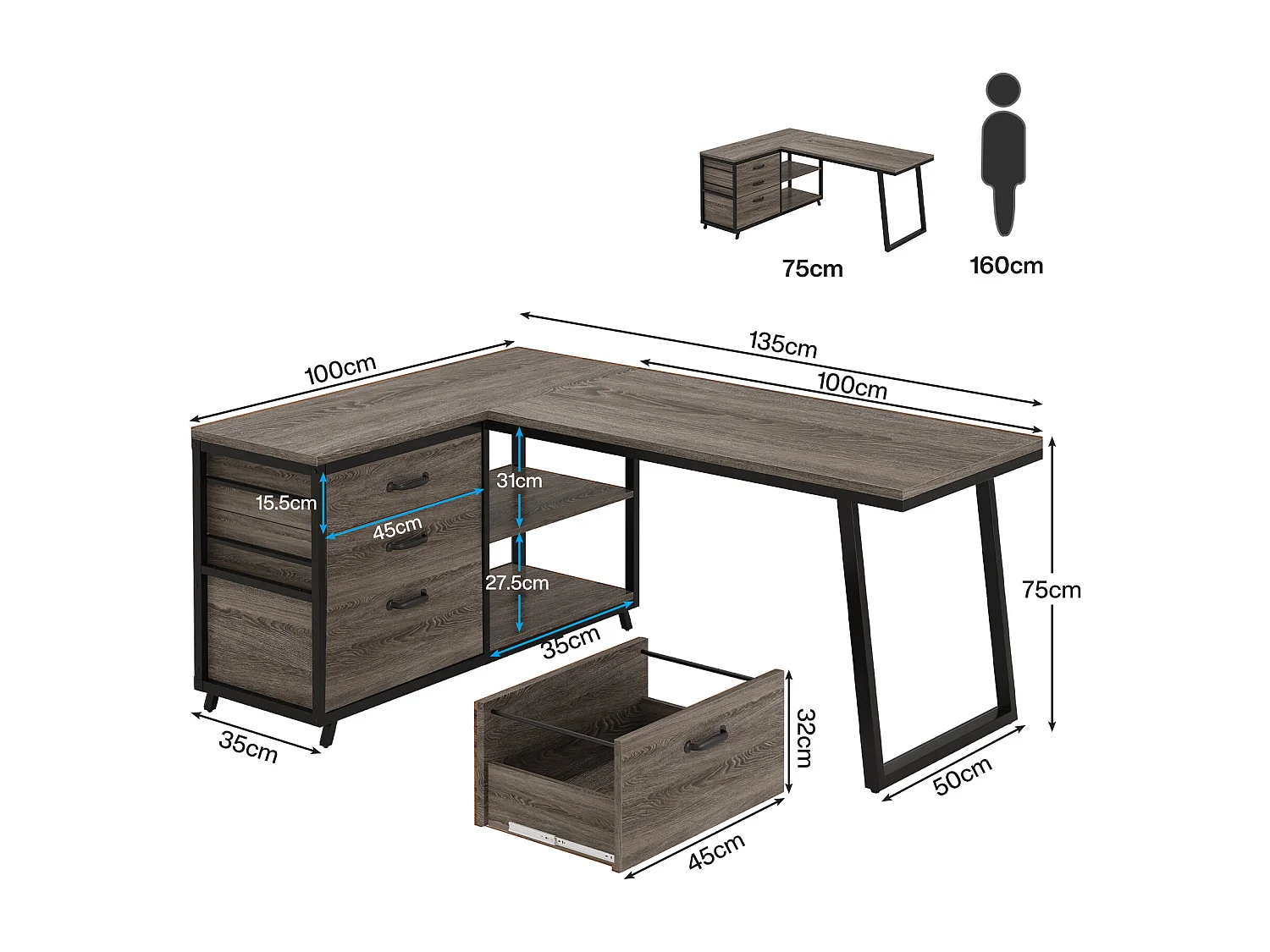 Bureau d'angle réversible en L avec 3 tiroirs classeurs