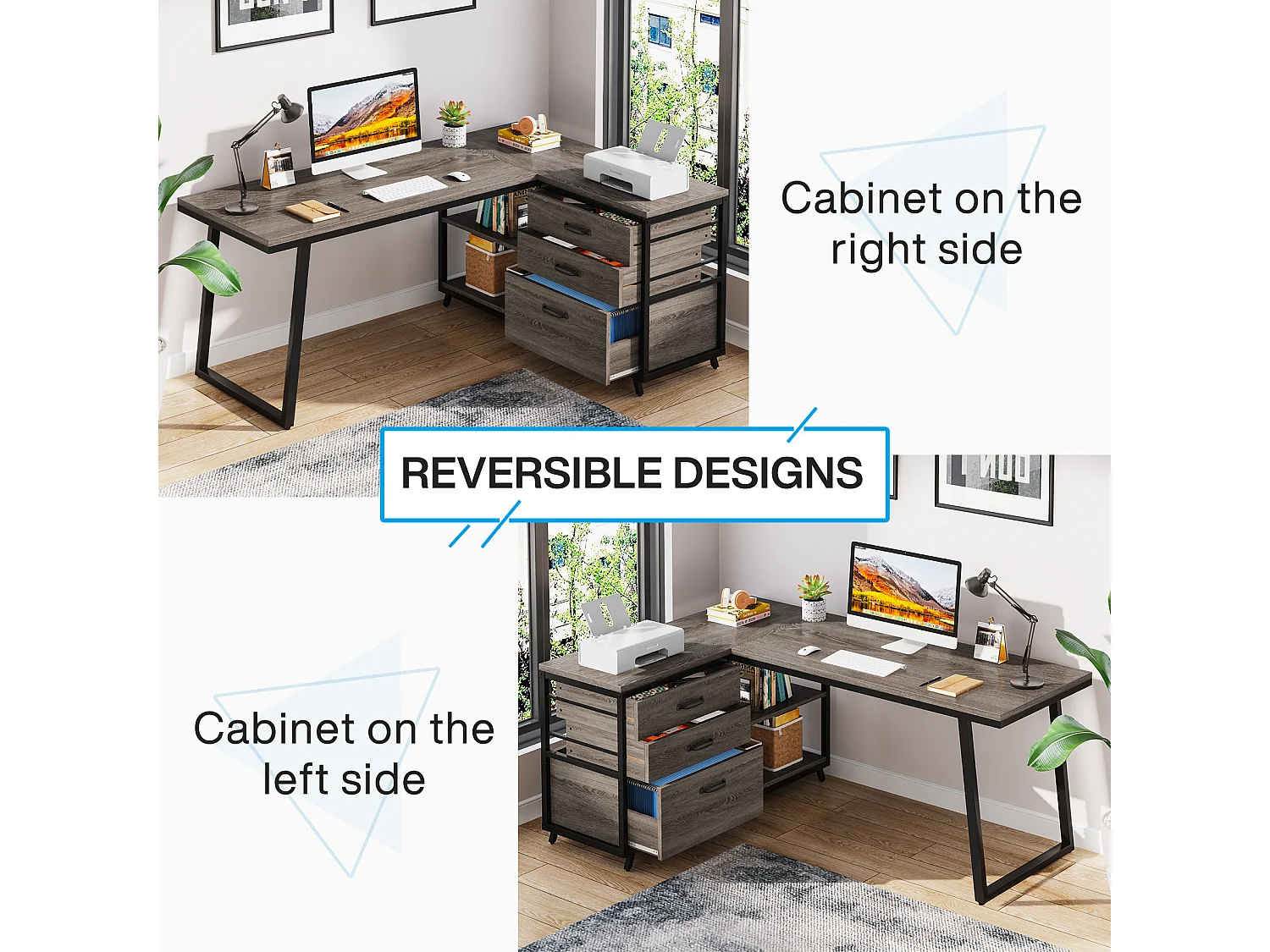 Bureau d'angle réversible en L avec 3 tiroirs classeurs
