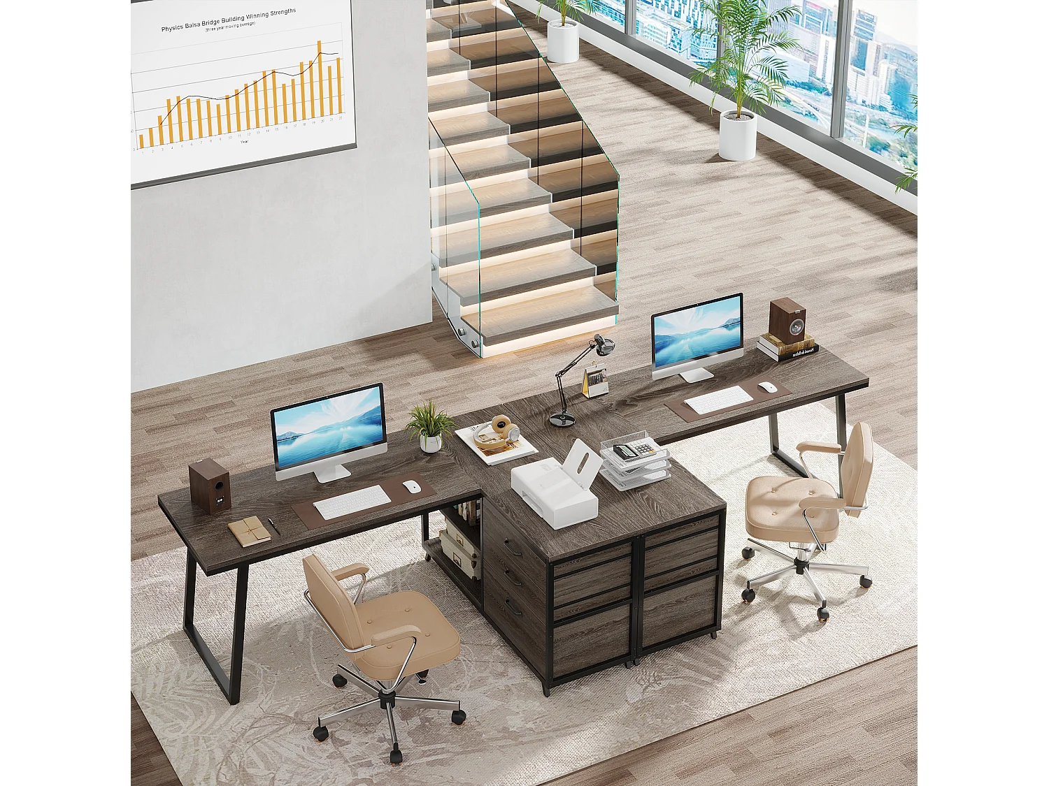 Bureau d'angle réversible en L avec 3 tiroirs classeurs