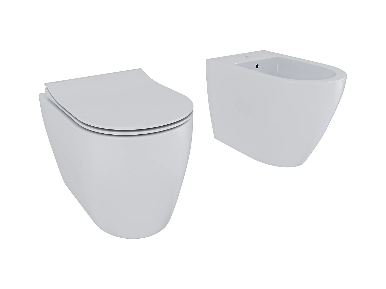 Coppia Sanitari Filomuro Filo Muro Filo Parete Vaso WC E Bidet Design Moderno In Ceramica Con Copriwater Chiusura Soft Close Chiusura Rallentata Colore Bianco Opaco
