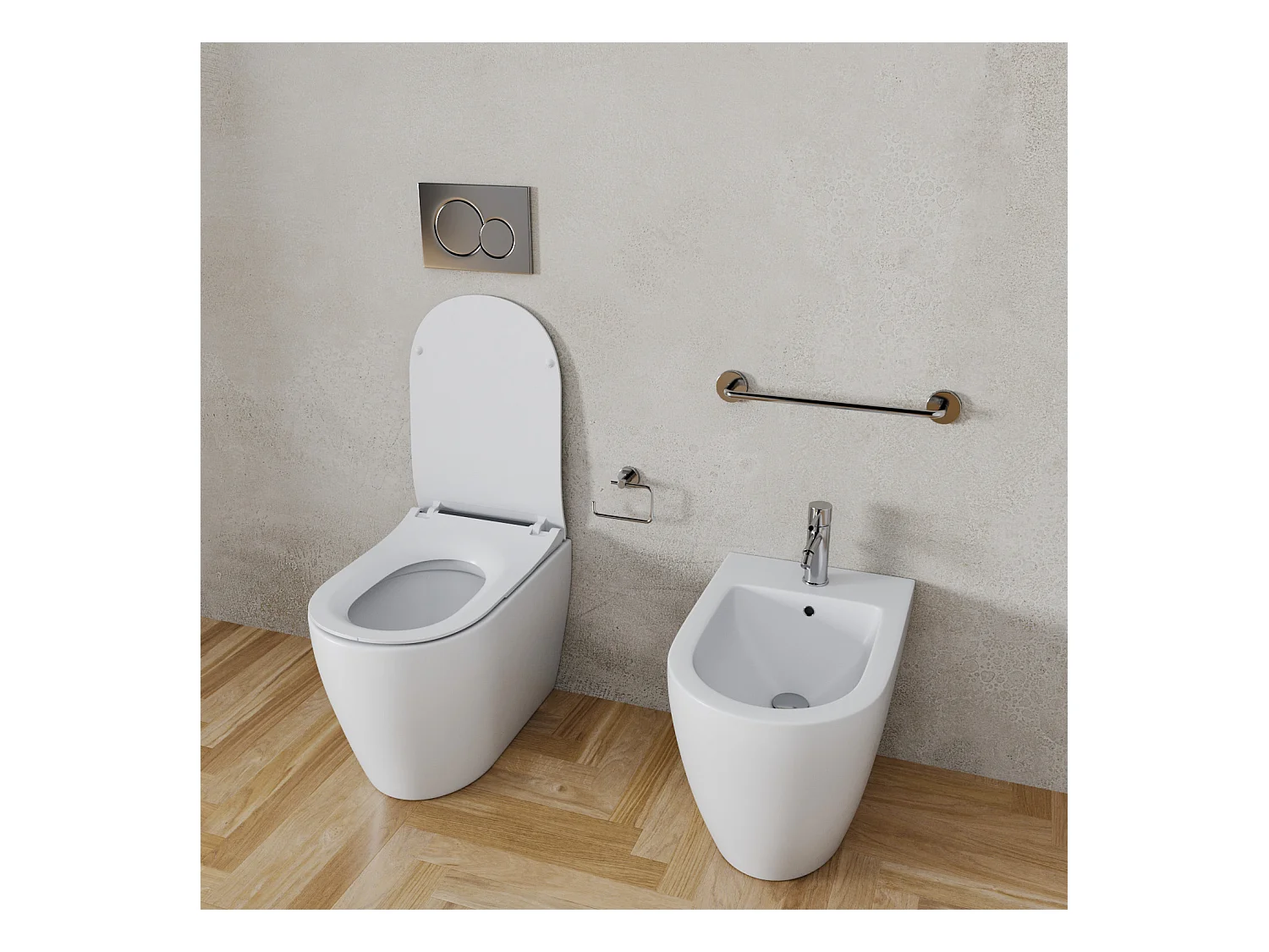 Coppia Sanitari Filomuro Filo Muro Filo Parete Vaso WC E Bidet Design Moderno In Ceramica Con Copriwater Chiusura Soft Close Chiusura Rallentata Colore Bianco Opaco
