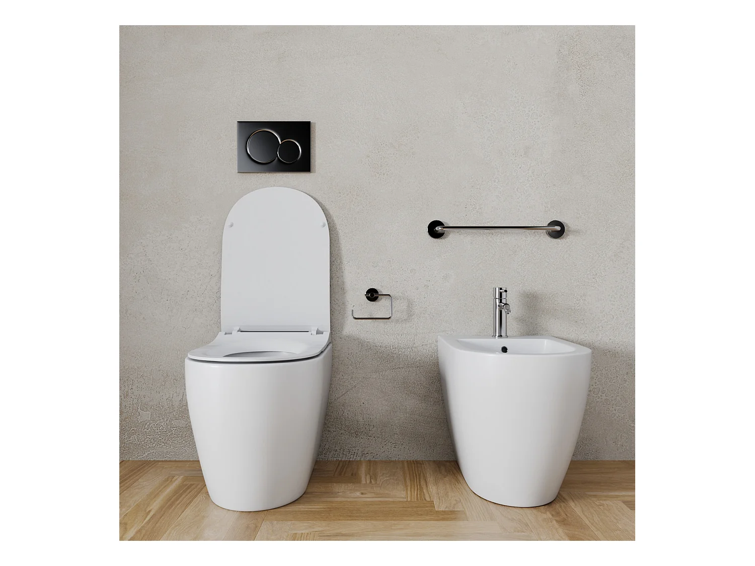 Coppia Sanitari Filomuro Filo Muro Filo Parete Vaso WC E Bidet Design Moderno In Ceramica Con Copriwater Chiusura Soft Close Chiusura Rallentata Colore Bianco Opaco