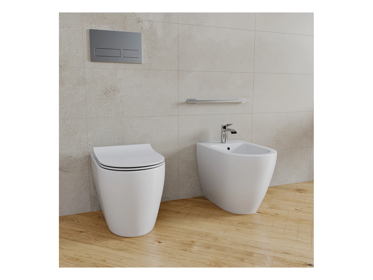 Coppia Sanitari Filomuro Filo Muro Filo Parete Vaso WC E Bidet Design Moderno In Ceramica Con Copriwater Chiusura Soft Close Chiusura Rallentata Colore Bianco Opaco