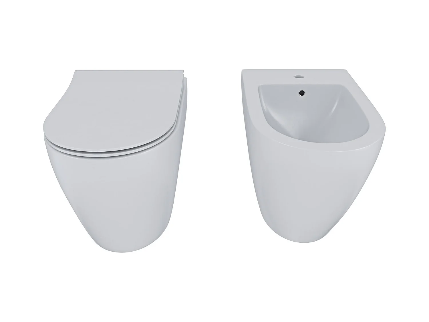 Coppia Sanitari Filomuro Filo Muro Filo Parete Vaso WC E Bidet Design Moderno In Ceramica Con Copriwater Chiusura Soft Close Chiusura Rallentata Colore Bianco Opaco
