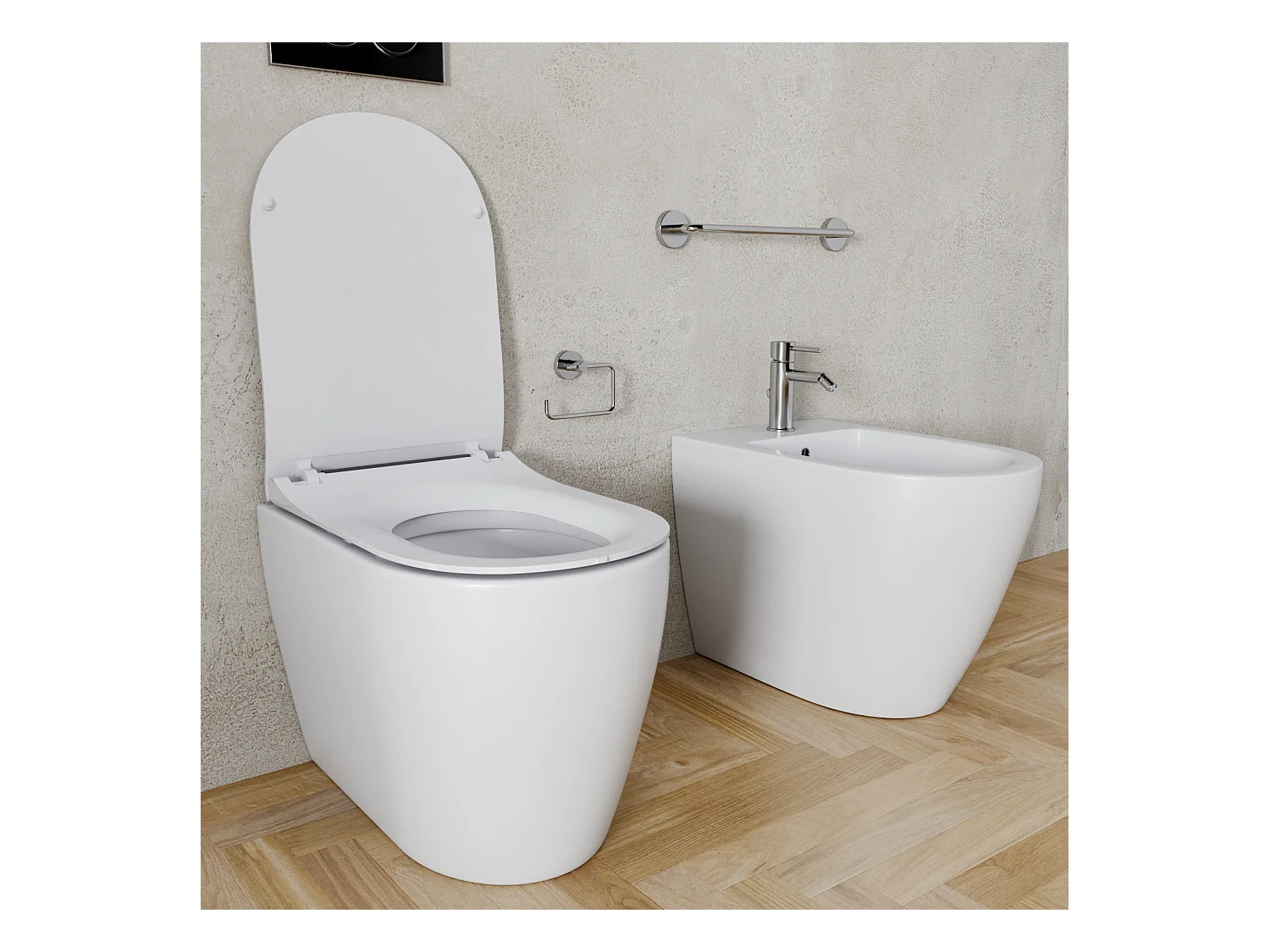 Coppia Sanitari Filomuro Filo Muro Filo Parete Vaso WC E Bidet Design Moderno In Ceramica Con Copriwater Chiusura Soft Close Chiusura Rallentata Colore Bianco Opaco